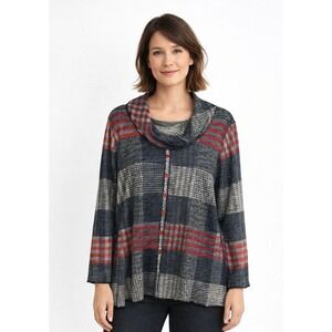 PURE Essence Plaid Cowl Neck Tunic Womens Size L Teacher Artsy Lagenlook Office